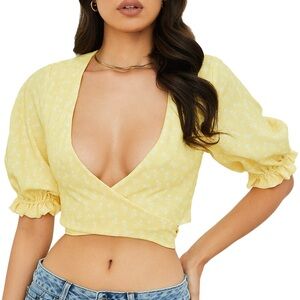Alanya Lemon Floral Tie Front Top